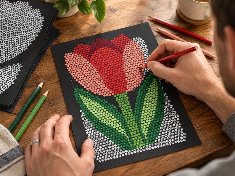 May include: A black sheet of paper featuring a dot-to-dot style tulip illustration with a red and pink flower head and green leaves. The design is composed of numerous small circles, some filled with color and others left white for completion.