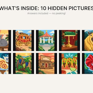 Pu&ograve; includere: Un gioco intitolato WHAT'S INSIDE: 10 HIDDEN PICTURES con il testo Answers included &mdash; no peeking! L'immagine mostra dieci distinte illustrazioni colorate raffiguranti un gatto, una diligenza, un gazebo, una lampada da scrivania, uno yak, un rotolo dolce, uva, un edificio, tacos e un pesce.