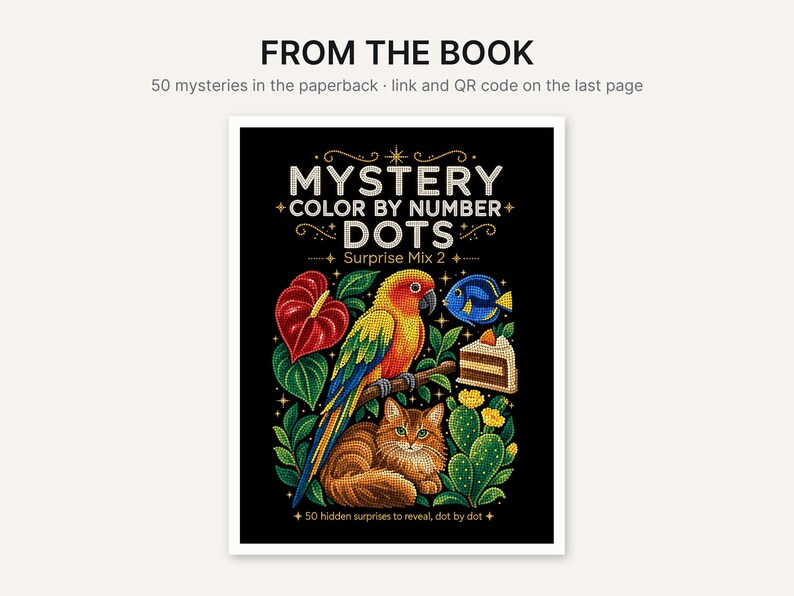 May include: A paperback book cover titled Mystery Color By Number Dots Surprise Mix 2. The black cover features a colourful parrot, a brown cat, a blue fish, a slice of cake, and a cactus. Text reads: FROM THE BOOK 50 mysteries in the paperback.