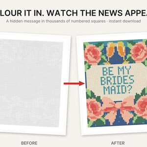 May include: A printable activity sheet featuring a grid of numbered squares. The top text reads COLOUR IT IN. WATCH THE NEWS APPEAR. A hidden message in thousands of numbered squares. The completed version displays the text BE MY BRIDES MAID? surrounded by pink roses, green leaves, a pink bow, and two yellow champagne flutes.