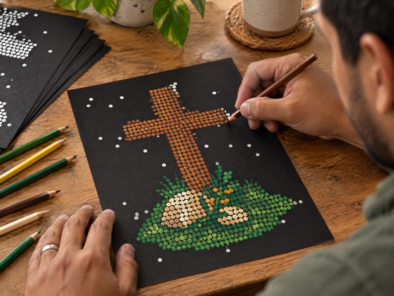 May include: A black sheet of paper featuring a dot-to-dot drawing of a brown cross set atop a green grassy mound with small rocks. The artwork is composed of numerous small circles, and a brown pencil is being used to connect the dots on the paper.