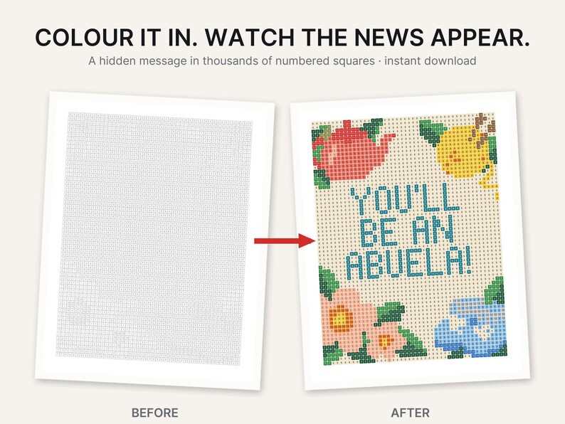 May include: A printable activity sheet featuring a grid of numbered squares. The left side shows a blank grid, while the right side shows the completed colorful design with the text YOU'LL BE AN ABUELA! surrounded by a red teapot, yellow lemon, and flowers.