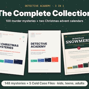 May include: A collection of three printed game booklets titled Detective Academy, 24 Christmas Mysteries, and 24 Days at Snowmere. The set includes 100 murder mysteries and two Christmas advent calendars with logic puzzles, case files, and grids.