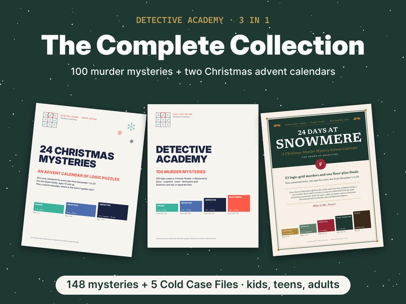May include: A collection of three printed game booklets titled Detective Academy, 24 Christmas Mysteries, and 24 Days at Snowmere. The set includes 100 murder mysteries and two Christmas advent calendars with logic puzzles, case files, and grids.