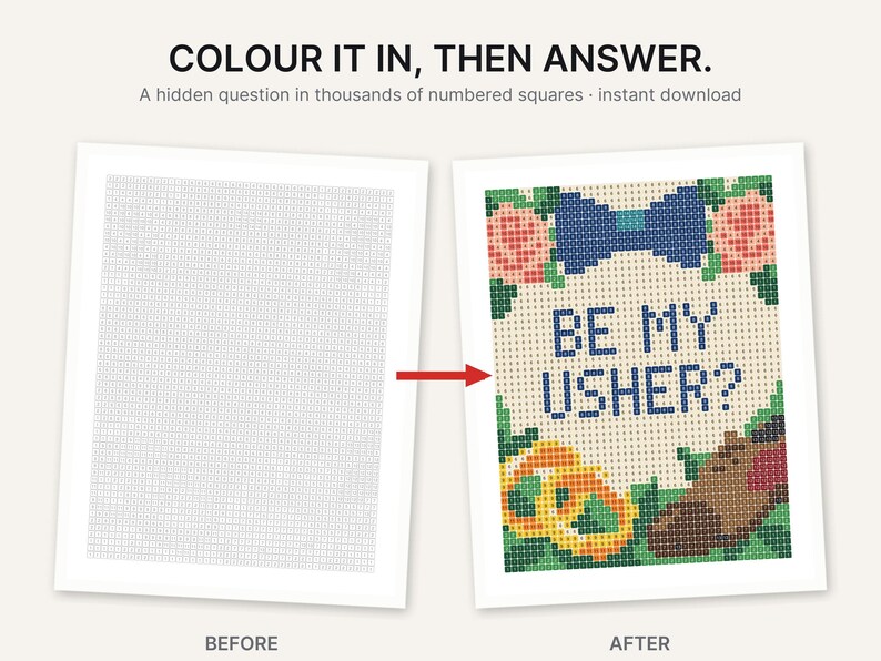 May include: A printable activity sheet featuring a grid of numbered squares. The left side shows a blank grid, while the right side shows the completed color-coded image with a blue bow tie, pink flowers, and the text BE MY USHER? in blue.