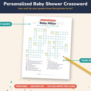 May include: A personalized baby shower crossword puzzle game sheet titled Baby Miller, featuring a grid of empty boxes, numbered clues for across and down, and a yellow pencil. The text includes Baby Miller, Shower April 12, 2027, and Arriving this spring.