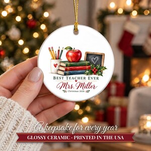 Teacher Ornament 2026, Best Teacher Ever Christmas Keepsake with Name, Apple and Books, Appreciation Gift from Student image 12