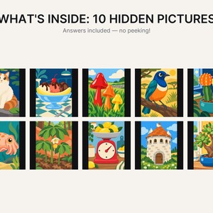 May include: A digital activity sheet titled WHAT'S INSIDE: 10 HIDDEN PICTURES with the subtitle Answers included &mdash; no peeking! The graphic displays ten colorful, square illustrations featuring a cat, banana split, mushrooms, bird, cacti, squid, plant, scale with lemons, stone tower, and a bonsai tree.