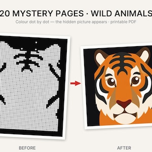 May include: A printable PDF titled 20 MYSTERY PAGES WILD ANIMALS featuring a dot-to-dot activity. The left side shows a black page with white dots forming a tiger outline, and the right side shows the completed tiger illustration in orange, black, and white.