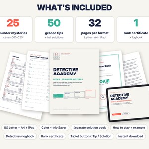 Pu&ograve; includere: Un set di gioco Detective Academy che include 25 casi di omicidio, 50 suggerimenti graduati, 32 pagine per formato e 1 certificato di rango. Il set comprende documenti stampati, un diario del detective e un tablet con l'interfaccia.