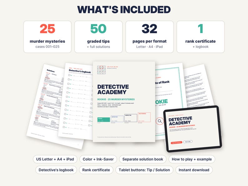 Pu&ograve; includere: Un set di gioco Detective Academy che include 25 casi di omicidio, 50 suggerimenti graduati, 32 pagine per formato e 1 certificato di rango. Il set comprende documenti stampati, un diario del detective e un tablet con l'interfaccia.