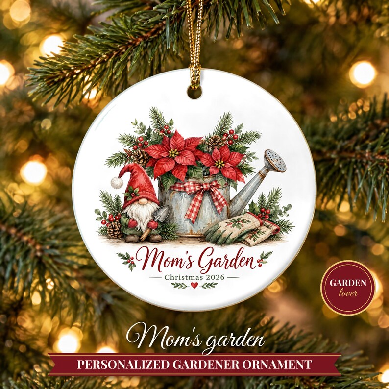Gardener Gift Christmas Ornament 2026, Mom's Garden Custom Name Keepsake, Watering Can Poinsettia Gnome Ceramic Decor for Plant Lover image 1