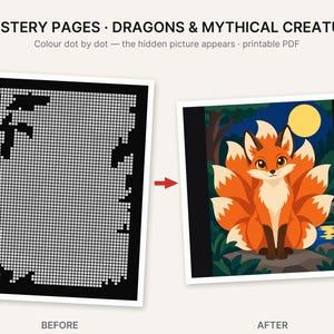 K&ouml;nnte beinhalten: Ein druckbares PDF-Set mit dem Titel 5 MYSTERY PAGES &middot; DRAGONS & MYTHICAL CREATURES. Das Bild zeigt einen Vorher-Nachher-Vergleich einer Mal-nach-Punkten-Aktivit&auml;t mit einem Quadratgitter, das eine Illustration eines orangefarbenen Fuchses enth&uuml;llt.