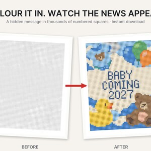 K&ouml;nnte beinhalten: Ein druckbares Aktivit&auml;tsblatt mit einem Raster aus nummerierten Quadraten, das beim Ausmalen ein farbiges Bild enth&uuml;llt. Das fertige Design zeigt eine gelbe Quietscheente, einen braunen Teddyb&auml;ren, Luftballons und den Text BABY COMING 2027.