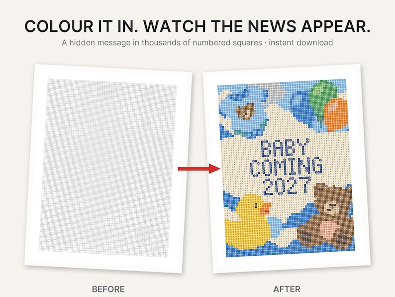 K&ouml;nnte beinhalten: Ein druckbares Aktivit&auml;tsblatt mit einem Raster aus nummerierten Quadraten, das beim Ausmalen ein farbiges Bild enth&uuml;llt. Das fertige Design zeigt eine gelbe Quietscheente, einen braunen Teddyb&auml;ren, Luftballons und den Text BABY COMING 2027.