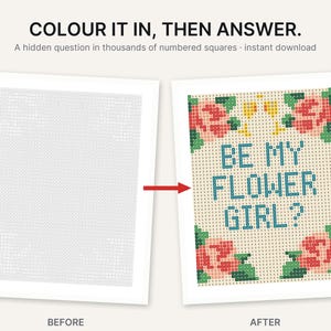 K&ouml;nnte beinhalten: Ein Malen-nach-Zahlen-Arbeitsblatt mit einem Raster aus nummerierten Quadraten. Die linke Seite zeigt ein leeres Raster, w&auml;hrend die rechte Seite ein fertiges Design mit rosa Rosen, gr&uuml;nen Bl&auml;ttern und dem blauen Text BE MY FLOWER GIRL? zeigt.