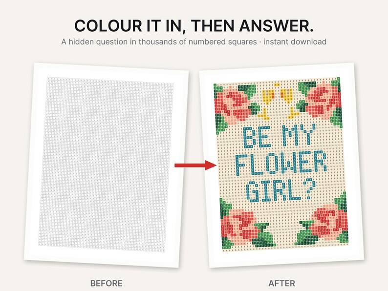 K&ouml;nnte beinhalten: Ein Malen-nach-Zahlen-Arbeitsblatt mit einem Raster aus nummerierten Quadraten. Die linke Seite zeigt ein leeres Raster, w&auml;hrend die rechte Seite ein fertiges Design mit rosa Rosen, gr&uuml;nen Bl&auml;ttern und dem blauen Text BE MY FLOWER GIRL? zeigt.
