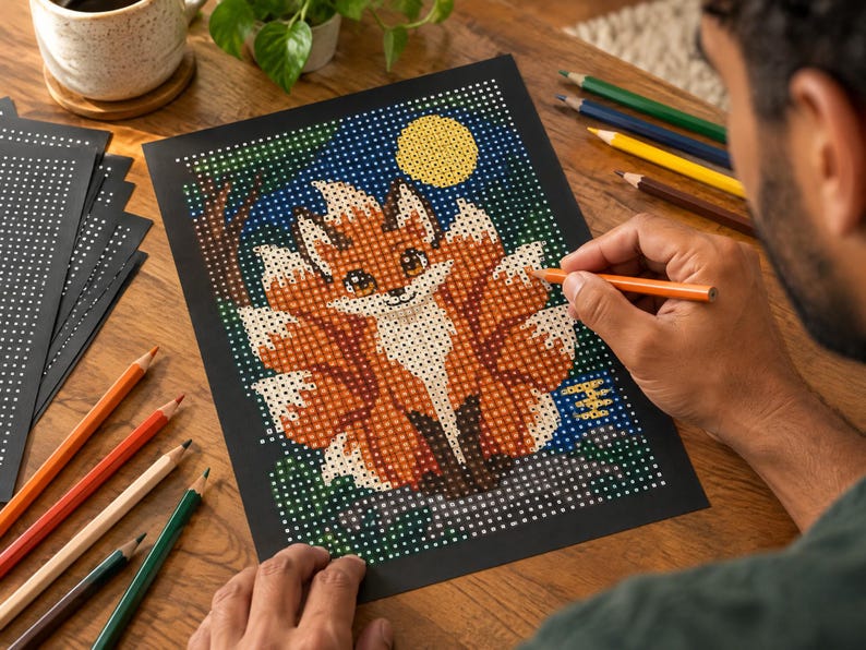 K&ouml;nnte beinhalten: Ein Punkt-zu-Punkt-Malblatt auf schwarzem Papier mit einer Illustration eines Fuchses mit mehreren Schw&auml;nzen in Orange, Wei&szlig; und Braun. Das Design zeigt einen gelben Mond vor einem dunkelblauen Hintergrund, ausgef&uuml;llt mit Buntstiften.