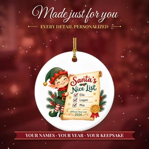 Nice List Ornament Christmas 2026, Santa's Nice List Siblings Names Keepsake, Elf Scroll Custom Kids Gift, Grandkids Ceramic Tree Decor image 2