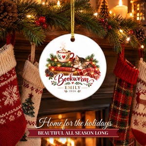 Book Lover Ornament Christmas 2026, Bookworm Gift for Readers, Custom Name Keepsake, Cozy Books Cocoa Kitten Ceramic Tree Decor image 8
