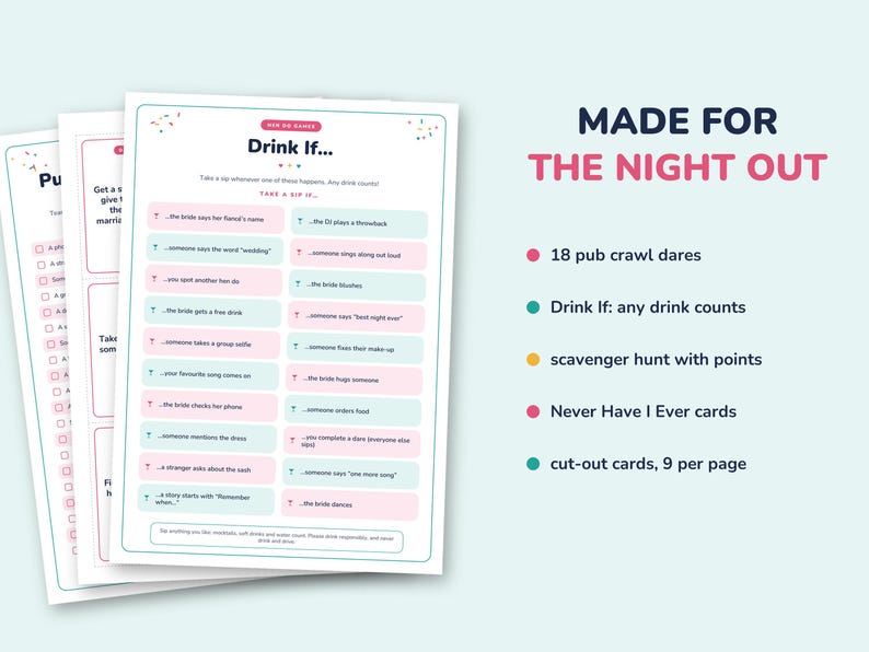 May include: A set of printable game cards for a bachelorette party, featuring a 'Drink If...' game sheet with pink and blue text boxes. The text 'MADE FOR THE NIGHT OUT' is displayed alongside a list of features including 18 pub crawl dares, a scavenger hunt, Never Have I Ever cards, and cut-out cards, 9 per page.