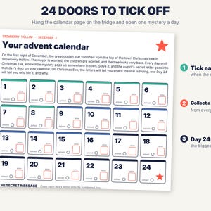 May include: A white advent calendar sheet titled Your advent calendar with 24 numbered boxes for December. Each box includes a space for a letter and a solved checkbox. Instructions include 24 doors to tick off, collect a secret letter, and Day 24 the finale.