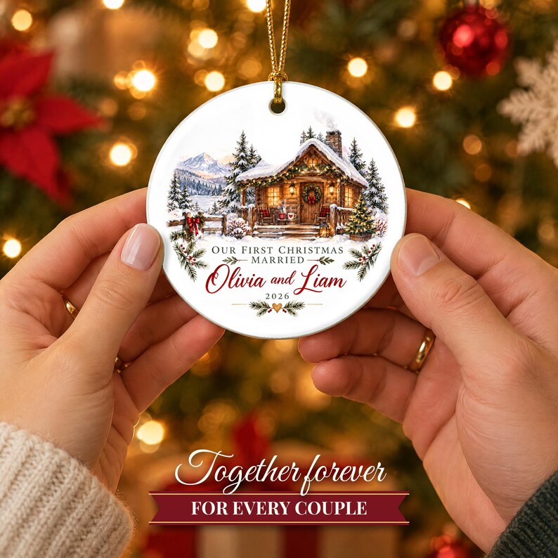 First Christmas Married Ornament 2026, Winter Cabin Mr and Mrs Keepsake, Newlywed Gift for Couple, Custom Wedding Ornament image 8