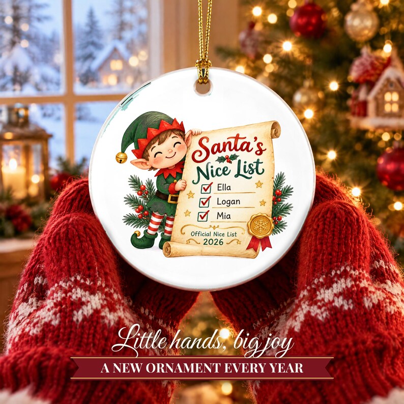 Nice List Ornament Christmas 2026, Santa's Nice List Siblings Names Keepsake, Elf Scroll Custom Kids Gift, Grandkids Ceramic Tree Decor image 8