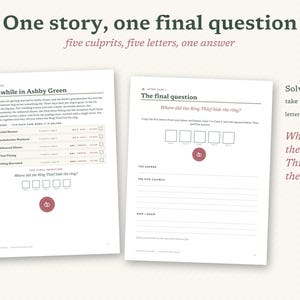 May include: Two white paper pages from a mystery game titled One story, one final question. The left page, Meanwhile in Ashby Green, lists five cases and a final question. The right page, The final question, features five empty boxes for letters.