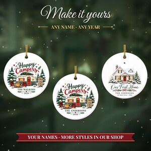 Camper Ornament Christmas 2026, Happy Campers Family Gift, RV Travel Trailer Custom Name Keepsake, Camping Lover Ceramic Tree Decor afbeelding 3