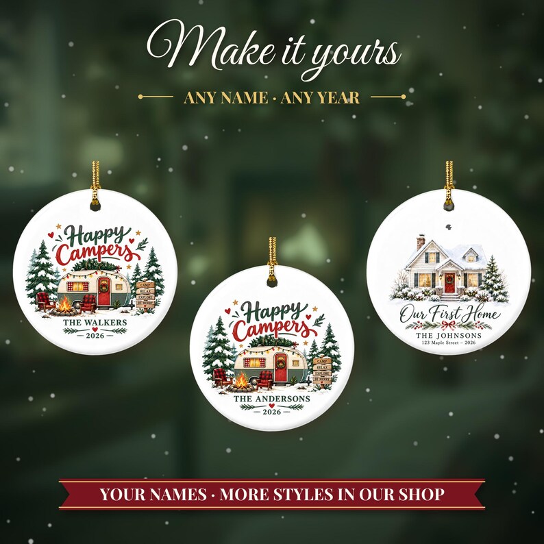 Camper Ornament Christmas 2026, Happy Campers Family Gift, RV Travel Trailer Custom Name Keepsake, Camping Lover Ceramic Tree Decor afbeelding 3
