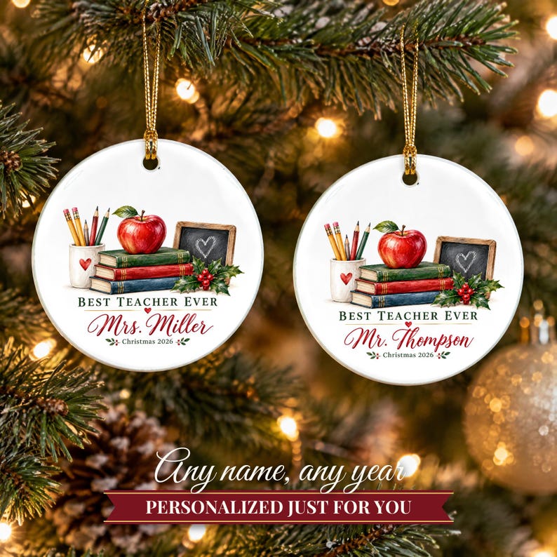 Teacher Ornament 2026, Best Teacher Ever Christmas Keepsake with Name, Apple and Books, Appreciation Gift from Student image 9