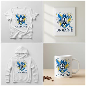 Könnte beinhalten: Ein weißes T-Shirt, ein Kapuzenpullover, ein gerahmter Druck und eine Tasse mit einem blau-gelb-weißen Grafikdesign des ukrainischen Wappens. Das Wort "UKRAINE" ist darunter in einer serifenlosen Schriftart gedruckt.