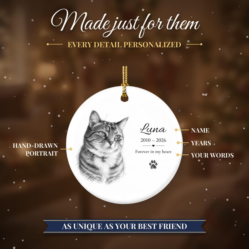 Personalized Cat Memorial Ornament from Photo, Custom Cat Portrait Sketch, Cat Memorial Gift, Pet Loss Gift, Cat Sympathy Keepsake zdjęcie 4