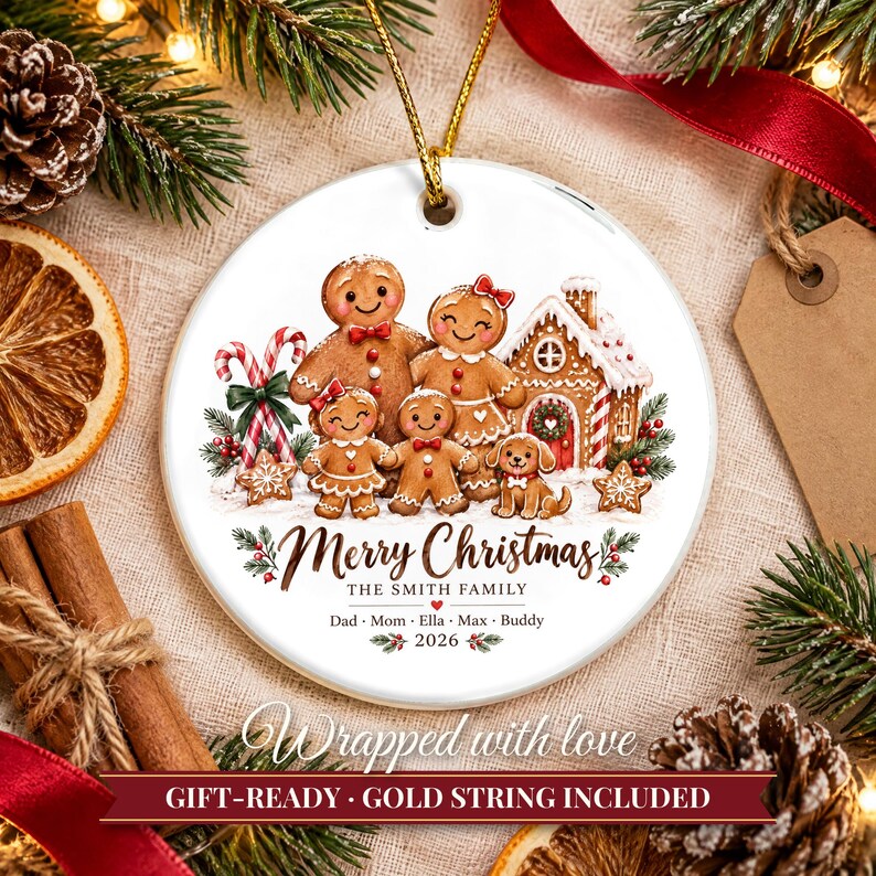 Gingerbread Family Ornament 2026, Personalized Christmas Ornament with Names and Pets, Custom Gingerbread Keepsake, Gift for Grandparents image 11