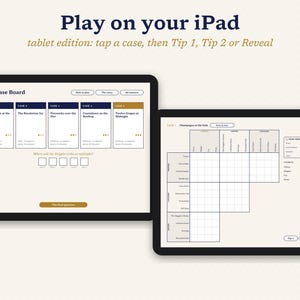 May include: Two tablets displaying a digital mystery game interface. The left screen shows The Case Board with five selectable cases. The right screen displays a logic grid puzzle with categories for suspects, locations, and motives to solve the mystery.