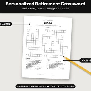 May include: A personalized retirement crossword puzzle printed on white paper with black text. The header reads Happy Retirement Linda, October 30, 2026 - 32 years at Riverside Elementary. A yellow pencil rests on the page, which includes across and down clues.