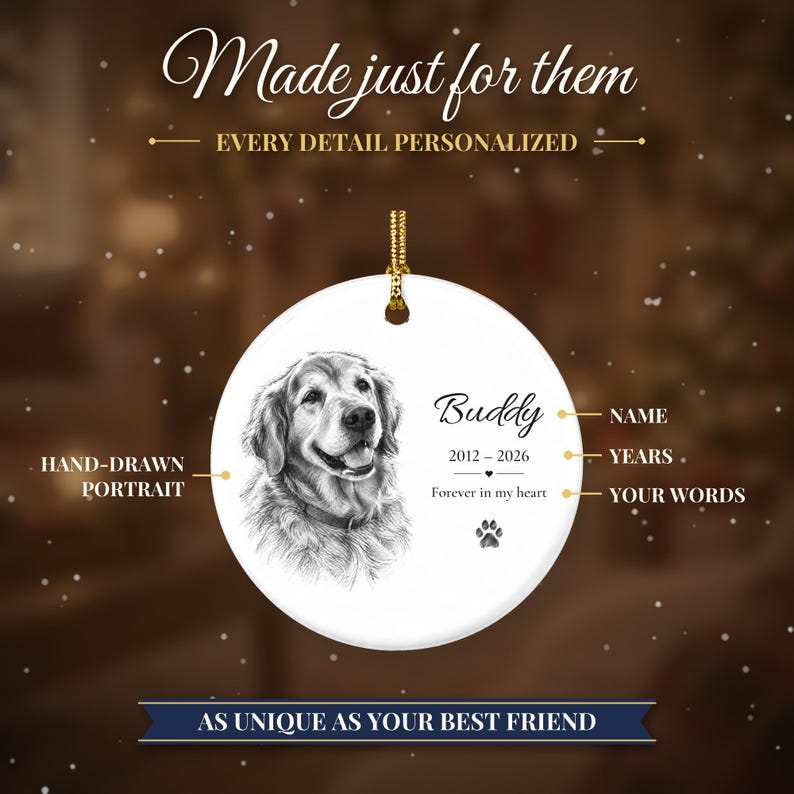 Personalized Pet Memorial Ornament from Photo, Custom Dog Portrait Sketch, Dog Memorial Gift, Pet Loss Gift, Dog Sympathy Keepsake image 4