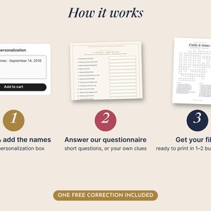 May include: An instructional graphic titled How it works showing three steps: adding names in a personalization box, answering a questionnaire with short questions, and receiving printable crossword puzzle files with the names Emily & James.