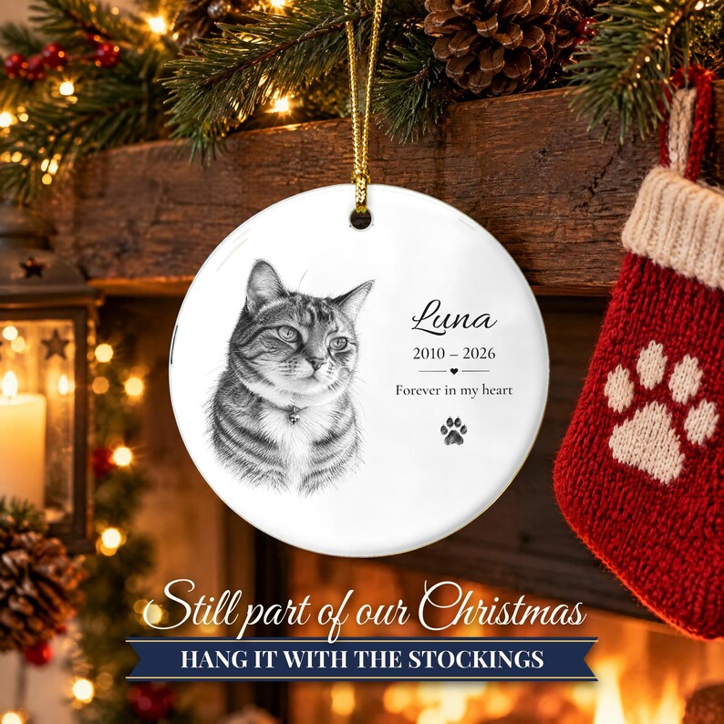 Personalized Cat Memorial Ornament from Photo, Custom Cat Portrait Sketch, Cat Memorial Gift, Pet Loss Gift, Cat Sympathy Keepsake zdjęcie 12