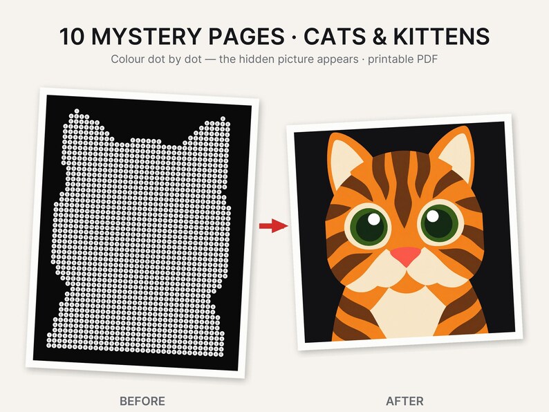 Puede incluir: Un PDF imprimible titulado 10 MYSTERY PAGES CATS & KITTENS con una actividad de unir puntos. La imagen antes muestra una p&aacute;gina negra con puntos numerados blancos formando un gato, y la imagen despu&eacute;s muestra una ilustraci&oacute;n de un gato atigrado naranja.