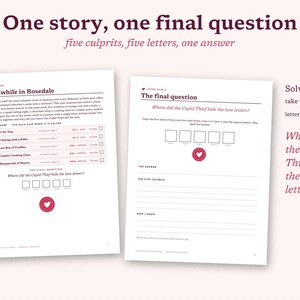 May include: Two white paper pages from a mystery game titled One story, one final question. The left page features the story Meanwhile in Rosedale and a case board. The right page includes The final question and spaces to write the answer.