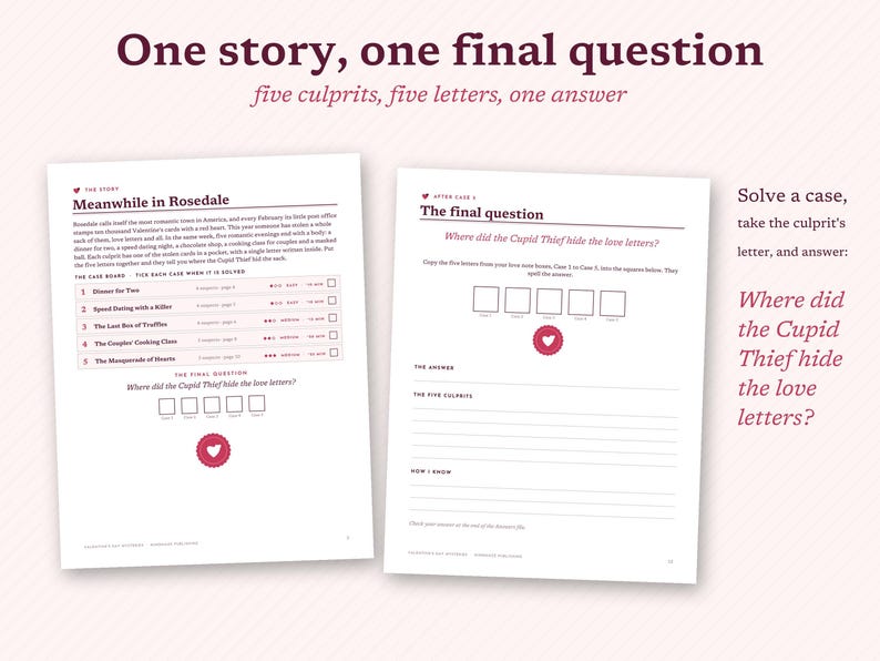 May include: Two white paper pages from a mystery game titled One story, one final question. The left page features the story Meanwhile in Rosedale and a case board. The right page includes The final question and spaces to write the answer.