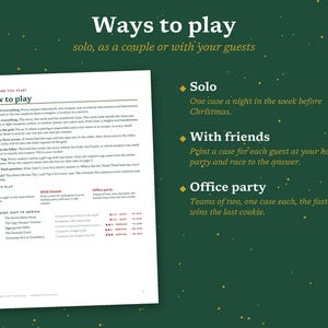 May include: A white instructional game sheet with black text titled How to play, featuring numbered steps, a list of five cases with difficulty levels, and a section titled Ways to play, set against a dark green background with gold speckles.