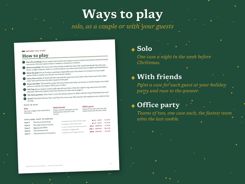 May include: A white instructional game sheet with black text titled How to play, featuring numbered steps, a list of five cases with difficulty levels, and a section titled Ways to play, set against a dark green background with gold speckles.