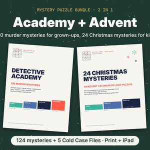 May include: A mystery puzzle bundle featuring two white documents titled Detective Academy and 24 Christmas Mysteries. The text includes 100 murder mysteries for grown-ups and 24 Christmas mysteries for kids, with 124 mysteries and 5 cold case files.