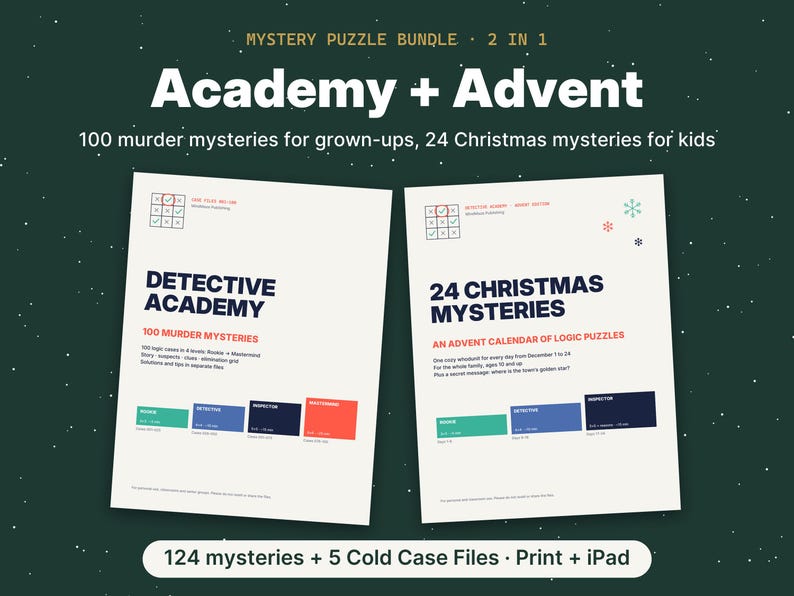 May include: A mystery puzzle bundle featuring two white documents titled Detective Academy and 24 Christmas Mysteries. The text includes 100 murder mysteries for grown-ups and 24 Christmas mysteries for kids, with 124 mysteries and 5 cold case files.