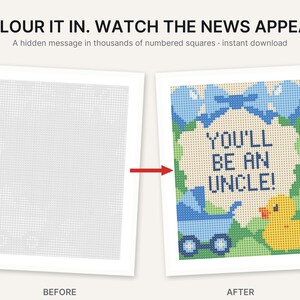 Peut inclure: Une feuille d'activit&eacute; imprimable avec une grille de carr&eacute;s num&eacute;rot&eacute;s. La version avant est une grille vide, tandis que la version apr&egrave;s r&eacute;v&egrave;le le texte YOU'LL BE AN UNCLE! avec des illustrations d'un landau bleu, un canard jaune et un n&oelig;ud bleu.