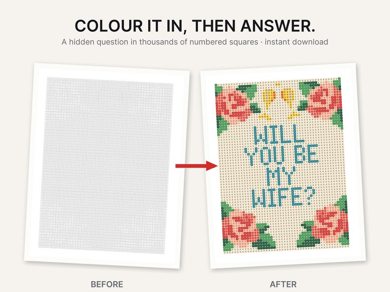 Puede incluir: Una hoja de actividades imprimible con una cuadr&iacute;cula de cuadrados numerados. El texto superior dice COLOUR IT IN, THEN ANSWER. A hidden question in thousands of numbered squares. La versi&oacute;n completada muestra el texto WILL YOU BE MY WIFE? en azul, rodeado de rosas rosas y hojas verdes.