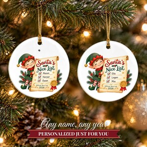 Nice List Ornament Christmas 2026, Santa's Nice List Siblings Names Keepsake, Elf Scroll Custom Kids Gift, Grandkids Ceramic Tree Decor image 9